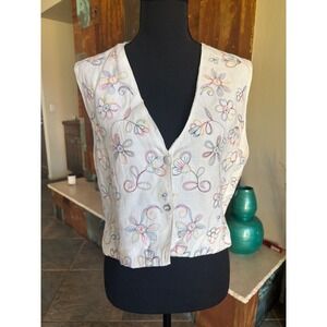 Halsey Collection Vintage Floral Embroidered Vest Cream Cotton Rayon Boho Medium